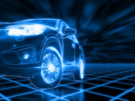 Modern SUV car open headlamp parked on dark background in futuristic vehicle concept. Future transportation. Futuristic autonomous car. Driverless autonomous vehicle. Self-driving car technology.