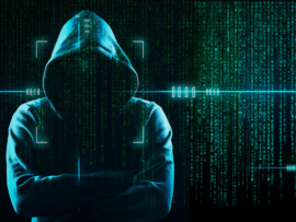A cybercriminal in a background representing the dark web.