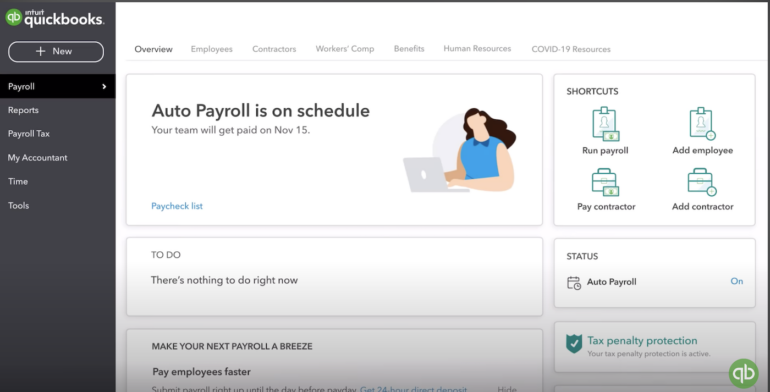 QuickBooks Online Payroll’s well-organized dashboard makes scheduling automatic payroll runs simple and straightforward.